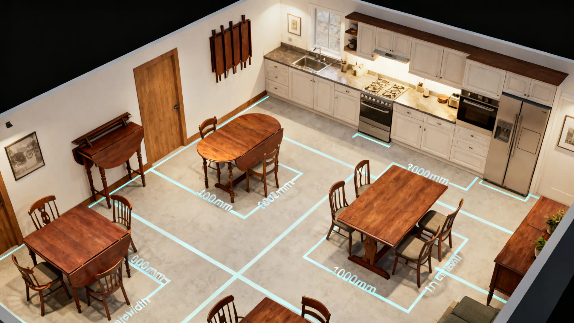 Interior design drawing showing various wooden dining tables with blue measurement lines in a white kitchen