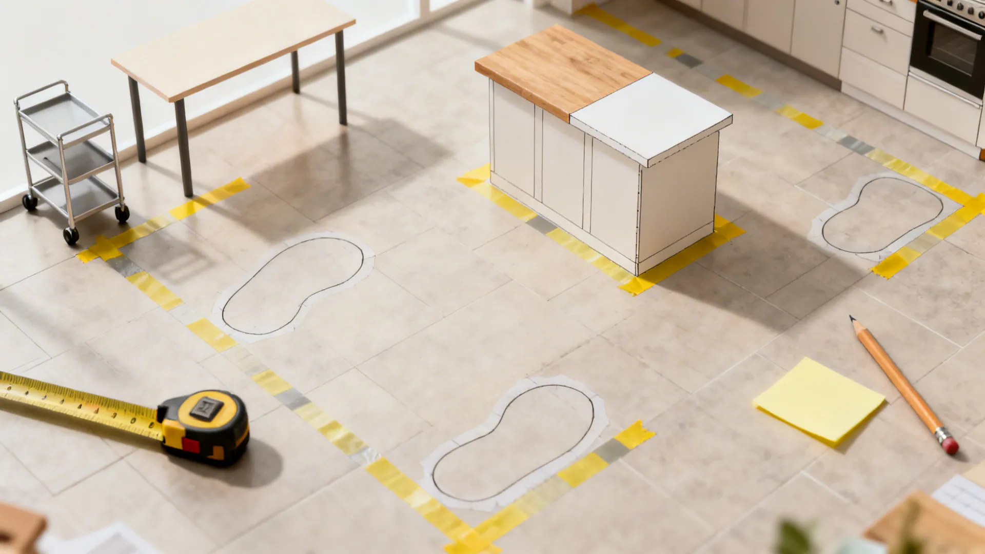 Top-down view with taped footprints and measuring tools to test island options.