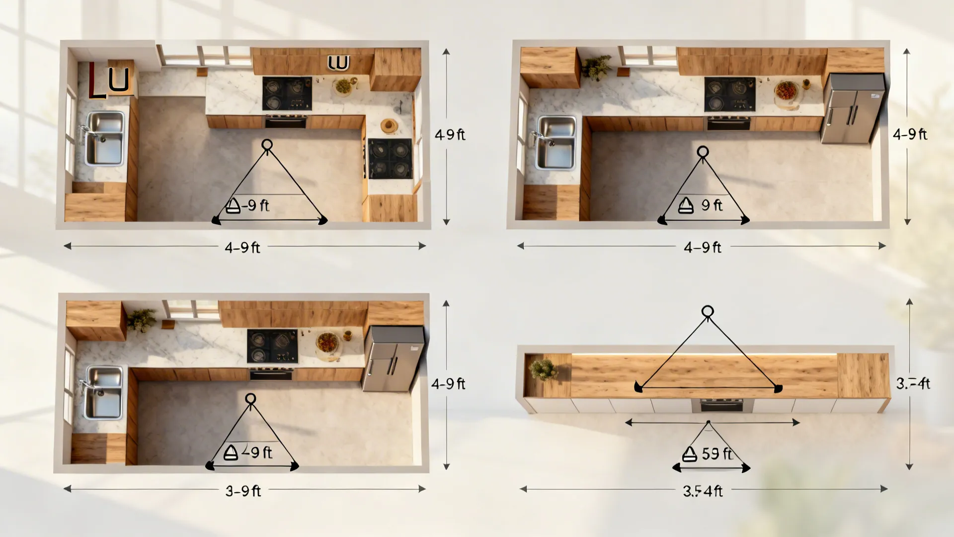 Top-down comparison of L, U, parallel, and straight-line kitchens with work triangles.