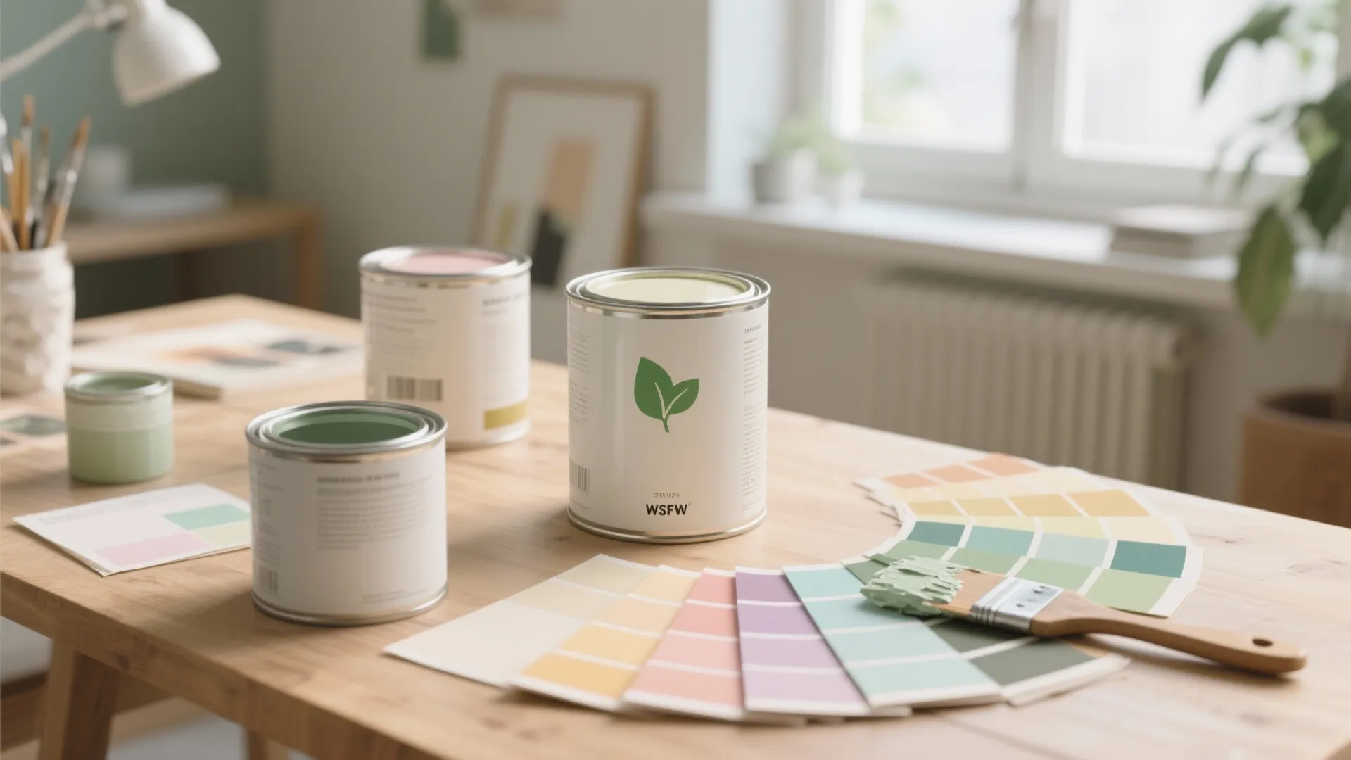 Eco friendly paint cans with green leaf logo color swatches and paint brush on wood table
