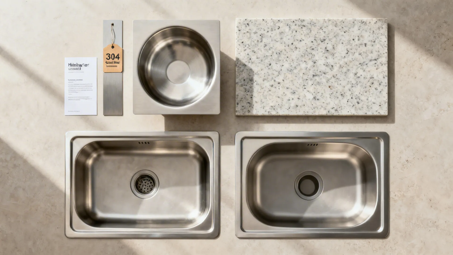 Top-down board comparing sink gauge samples, edge mounts, and bowl depths on a quartz surface.