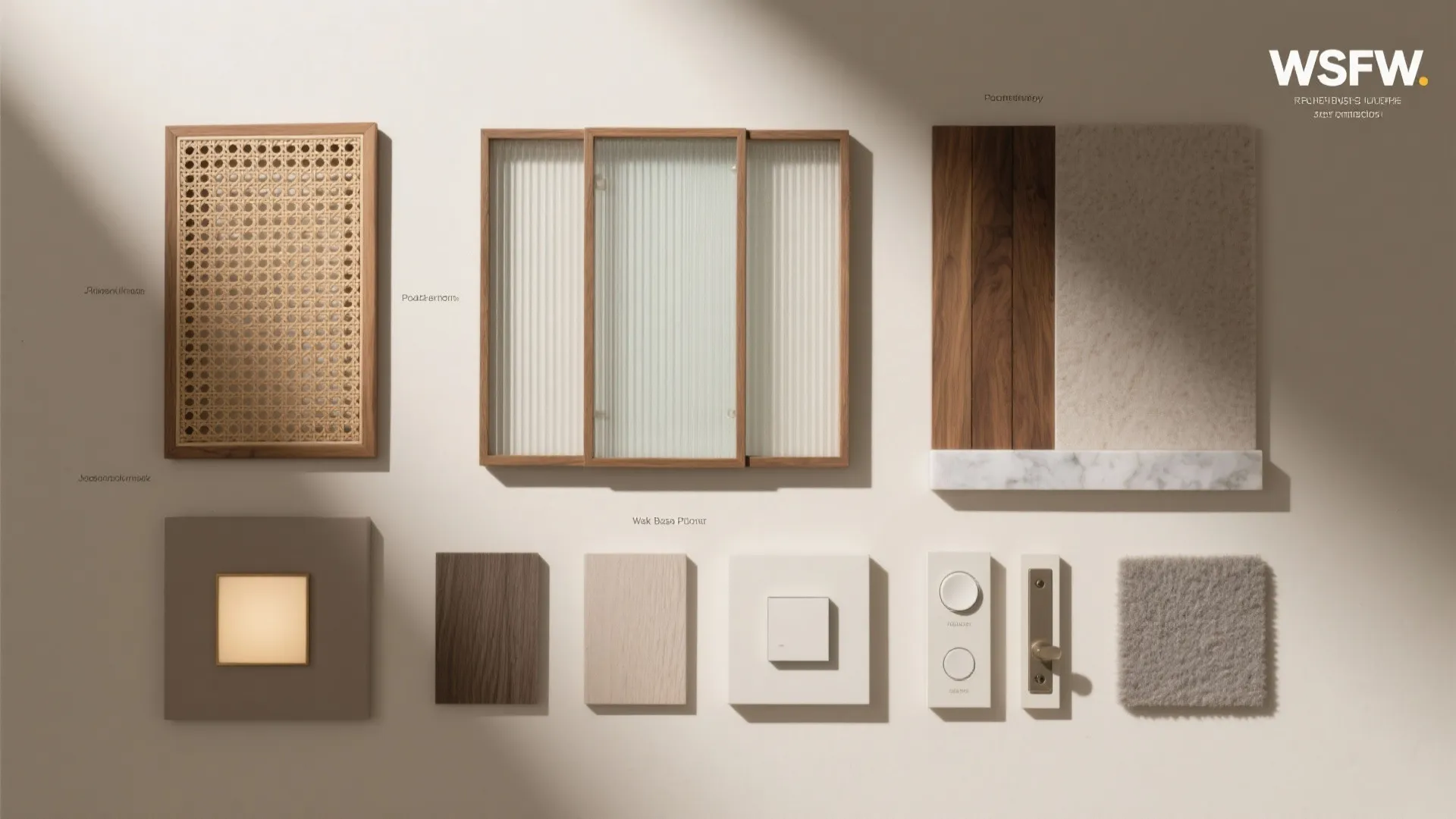 Flatlay of jaali, cane, reeded glass, timber slat, quartz, PU finish, dimmer, soft-close hardware, and acoustic felt.