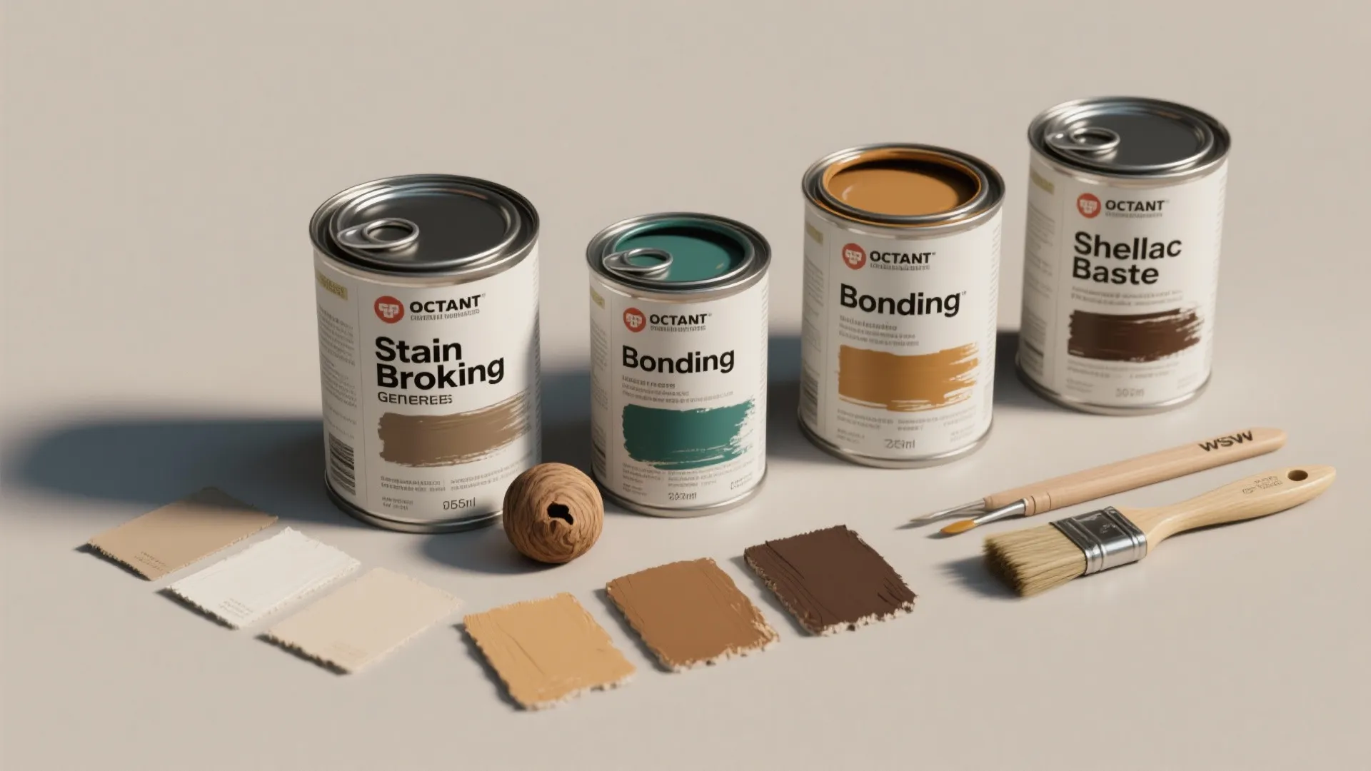 Four different paint cans with color samples and paint brushes for indoor home renovation project