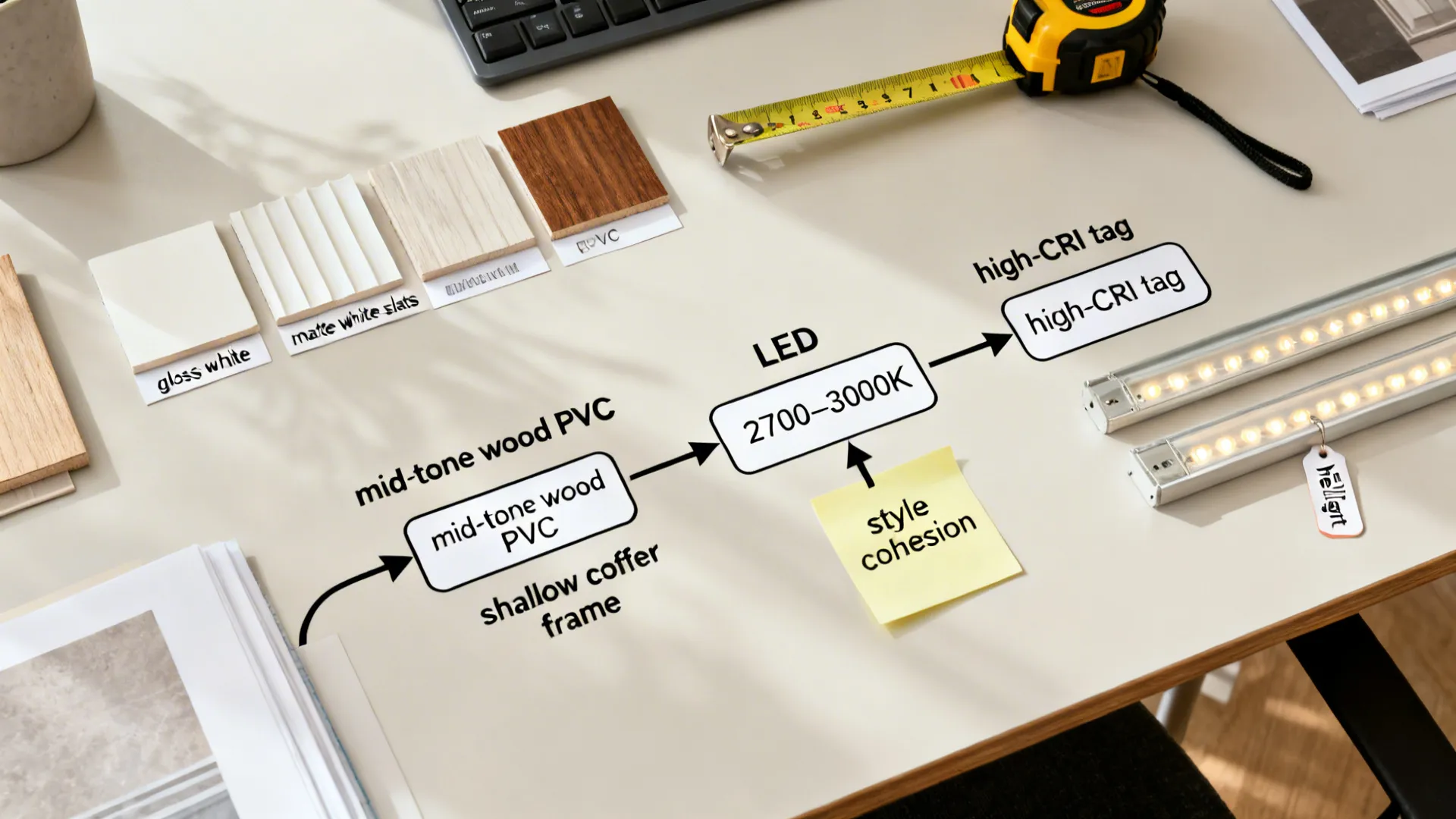 Top-down selection layout with PVC panel samples and warm LED options for design decisions.