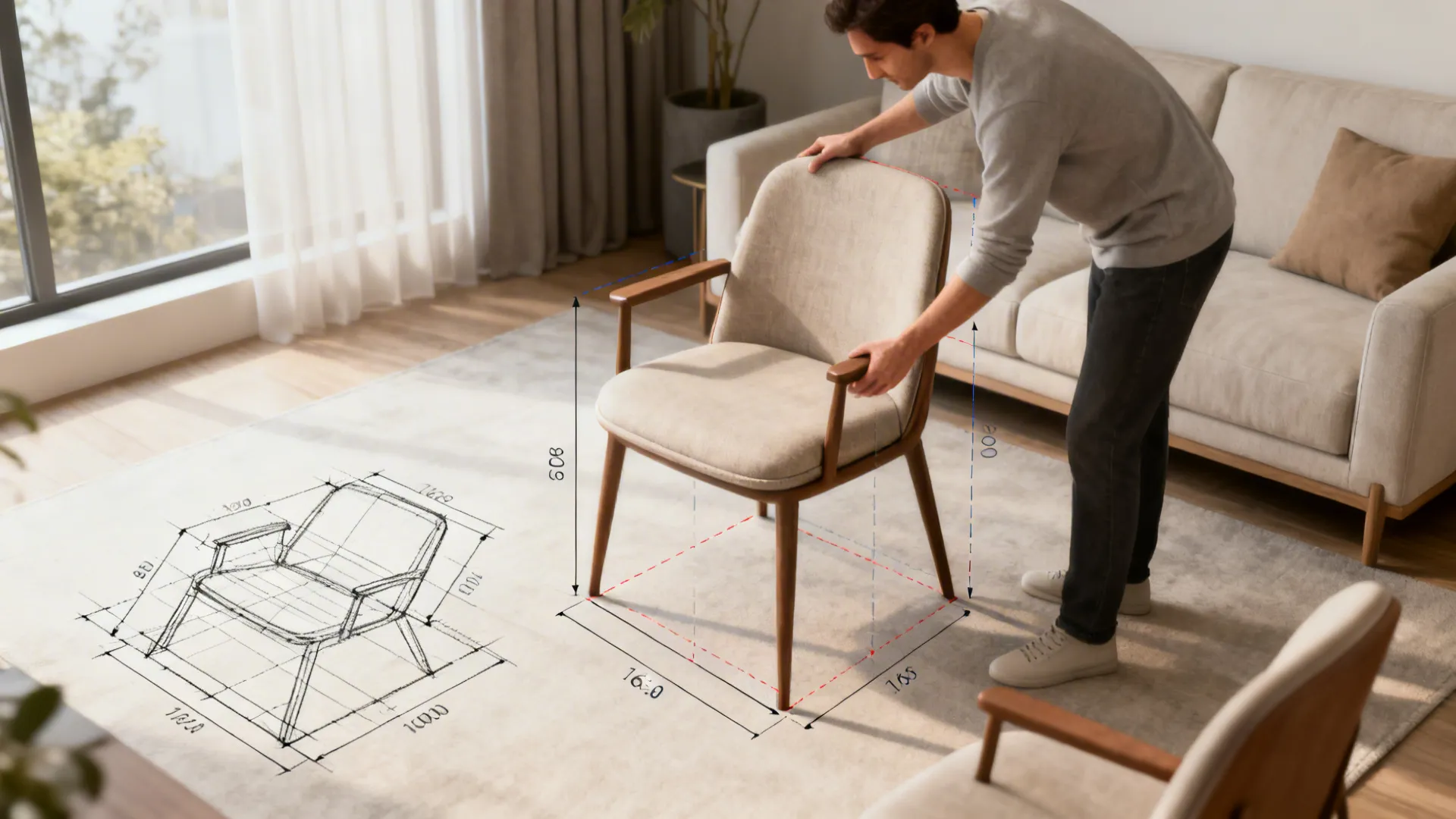 Small living room with floorplan overlay showing measurements and chair footprints for choosing the right armchair.