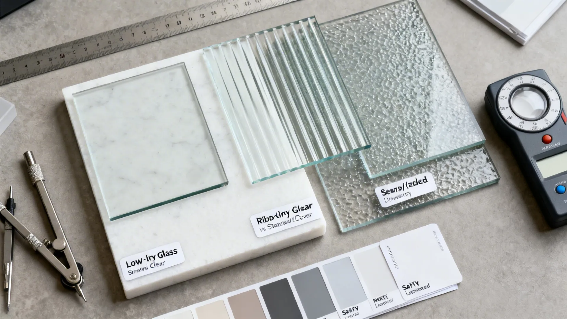 Top-down view of low-iron, clear, ribbed, and seedy glass samples over white quartz with tools.