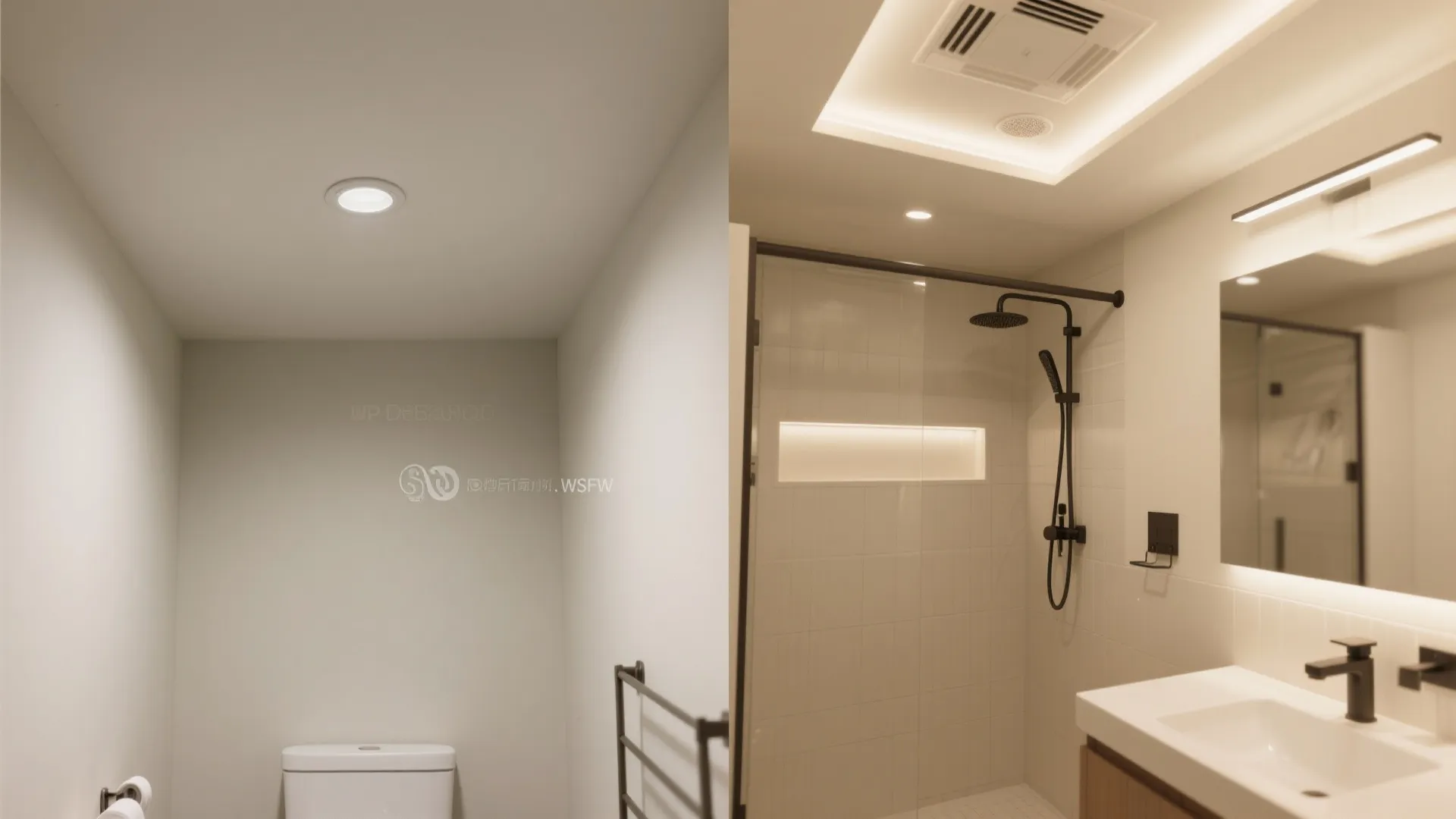 Side by side comparison of simple toilet area and modern shower with bright recessed ceiling lighting