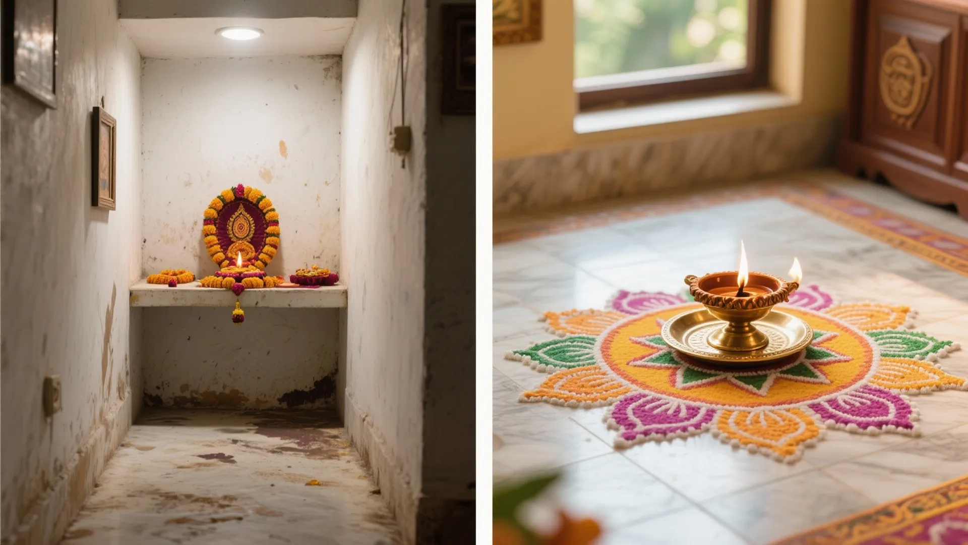 Comparison between a simple wall niche decoration and a colorful floor pattern with oil lamp