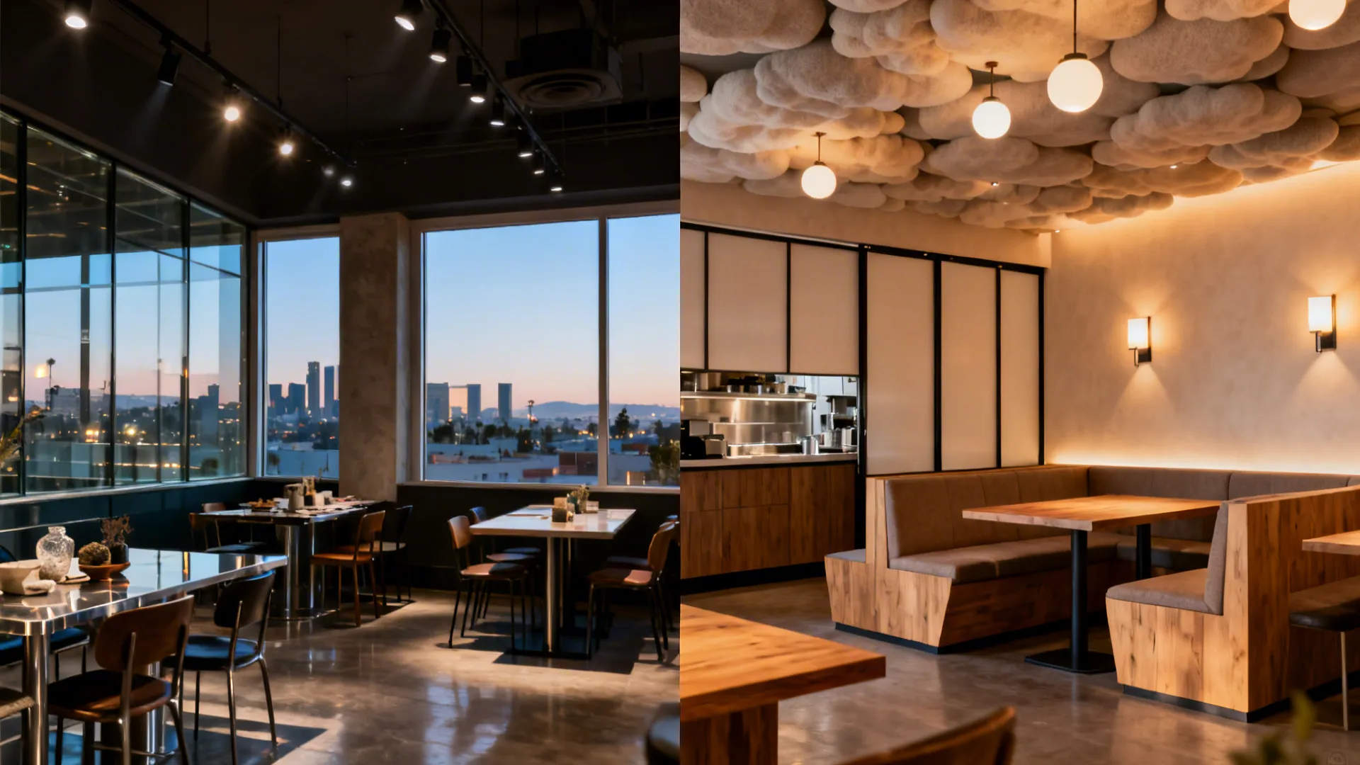 Before-and-after comparison of a private dining room showing improved lighting, acoustics, seating, and storage.