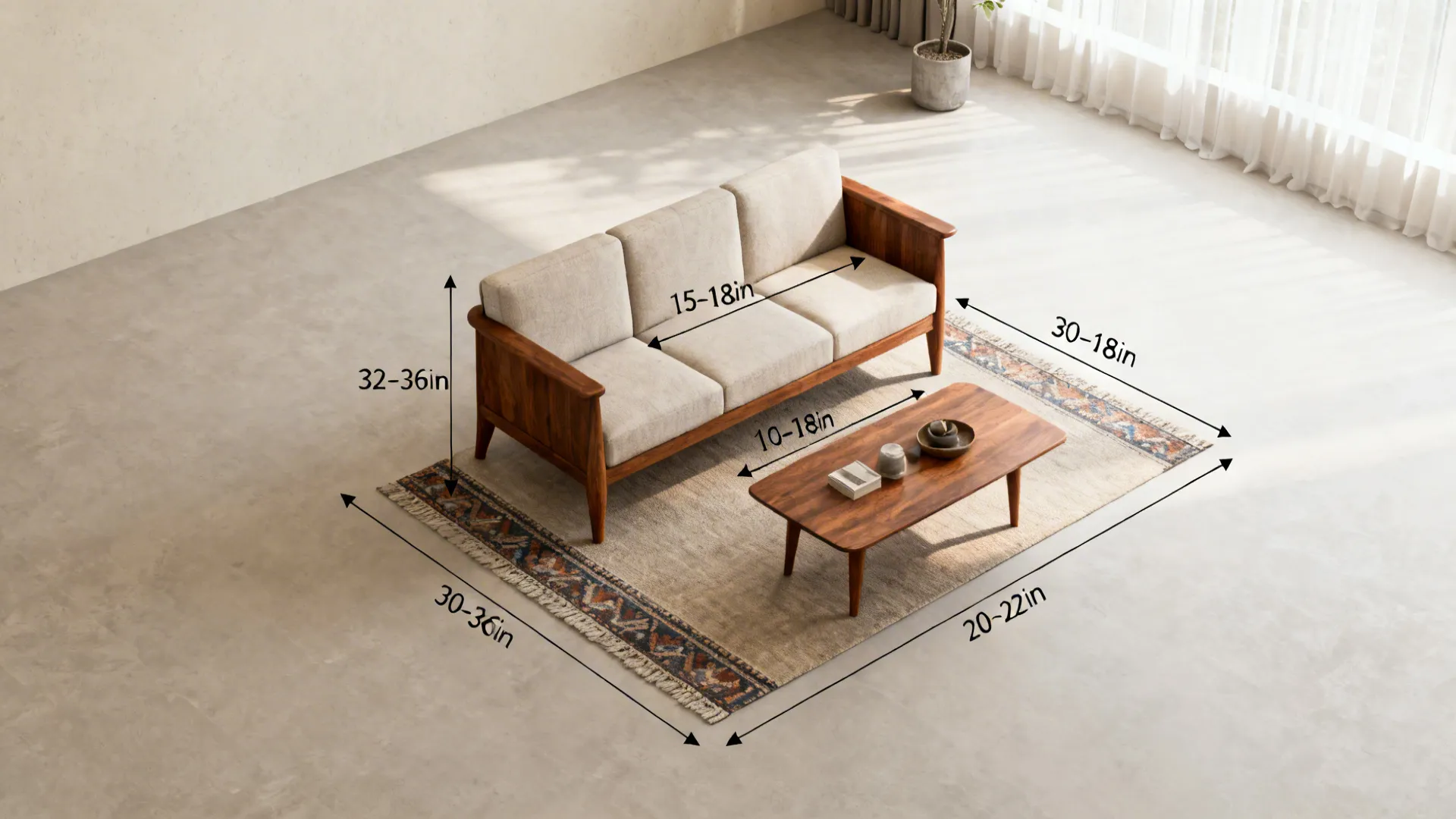 Top-down view showing ideal sofa depth, walkway clearance, and medium-tone wood finish.
