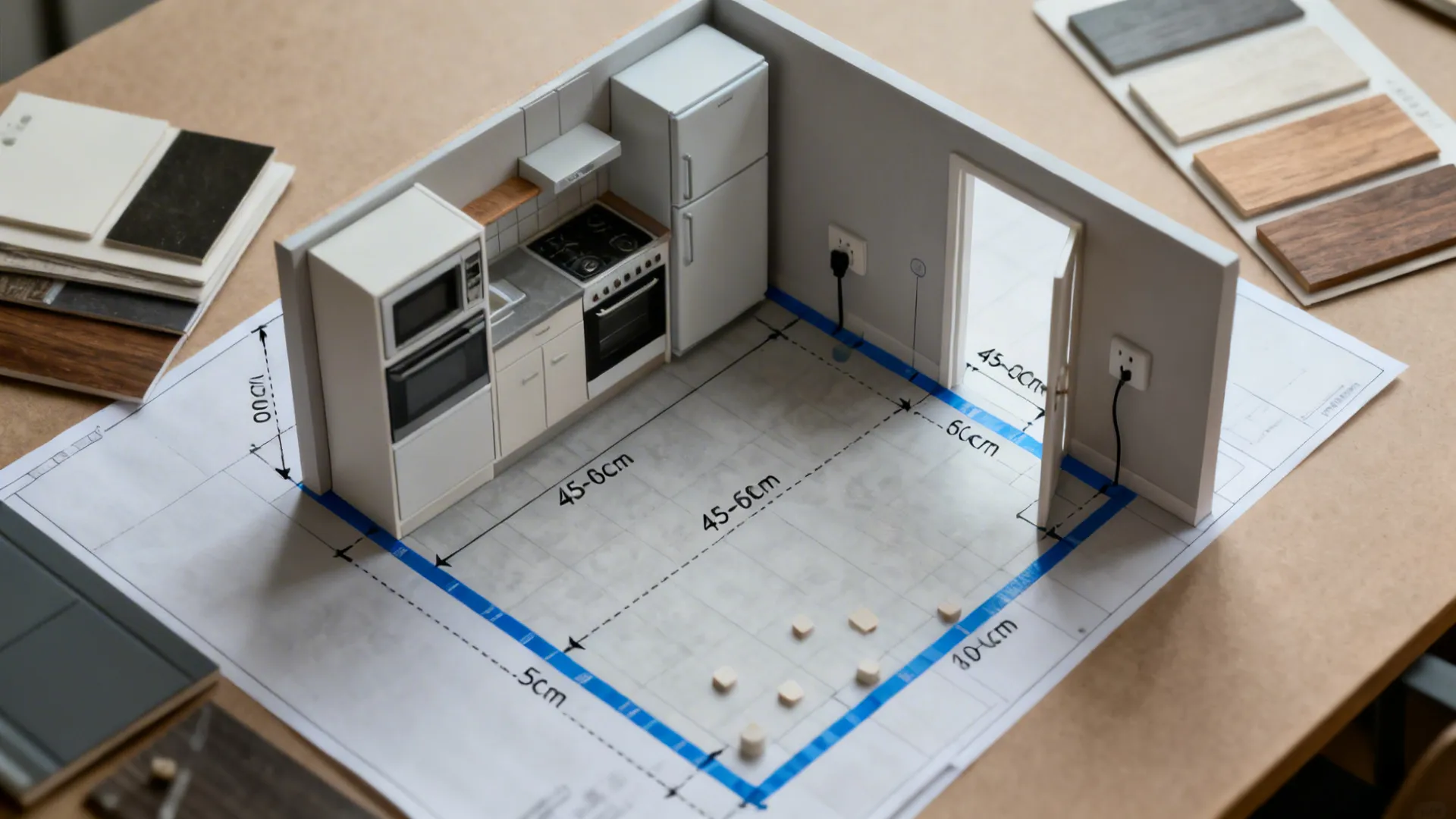 Top-down planning view with compact kitchen modules, clearances, and finish samples arranged on a surface.