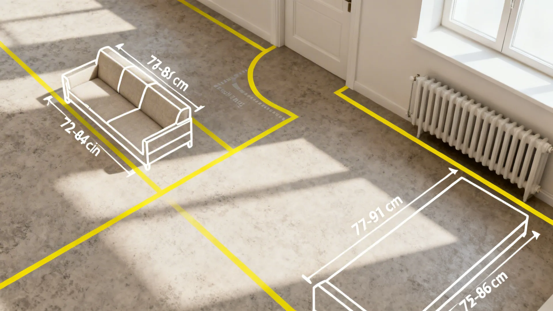 Top-down view of taped sofa outlines on the floor with clear walkways and door swing space.