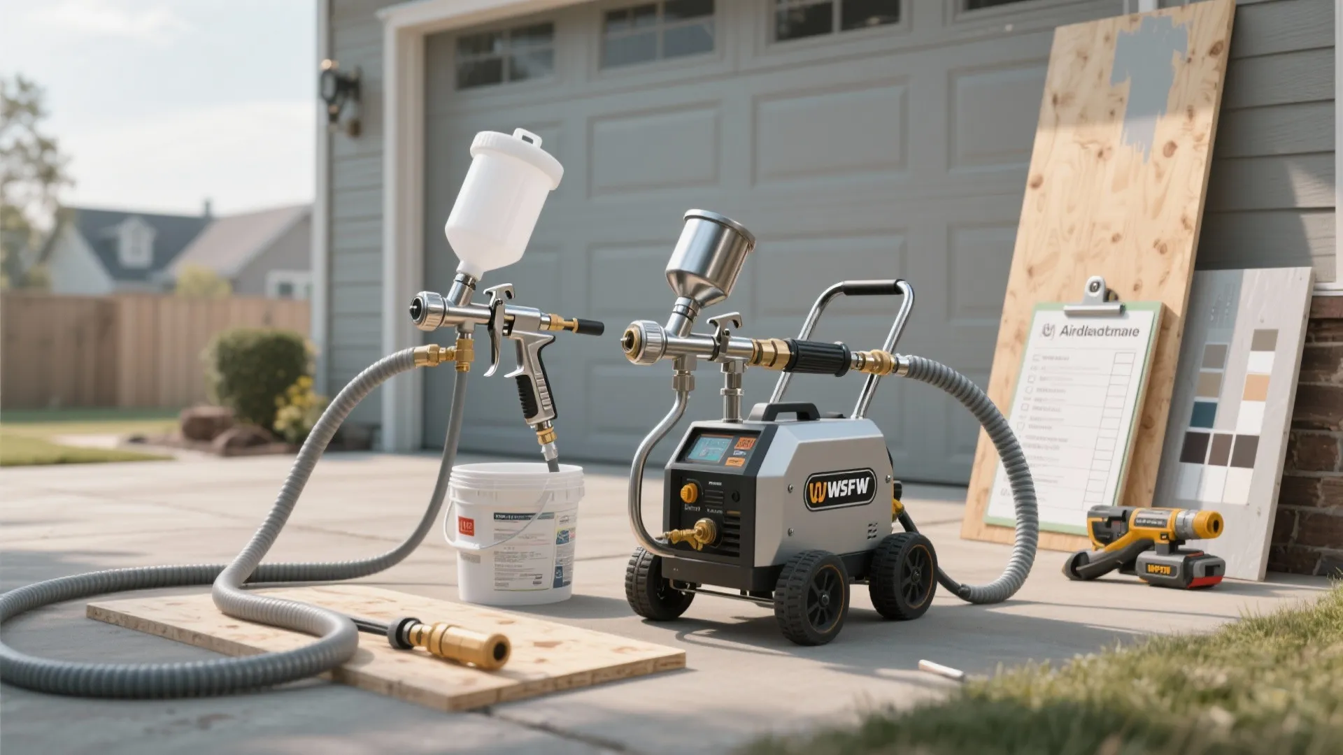 Airless and mid-range sprayers displayed on a driveway with nozzles, hoses, and a test plywood panel.