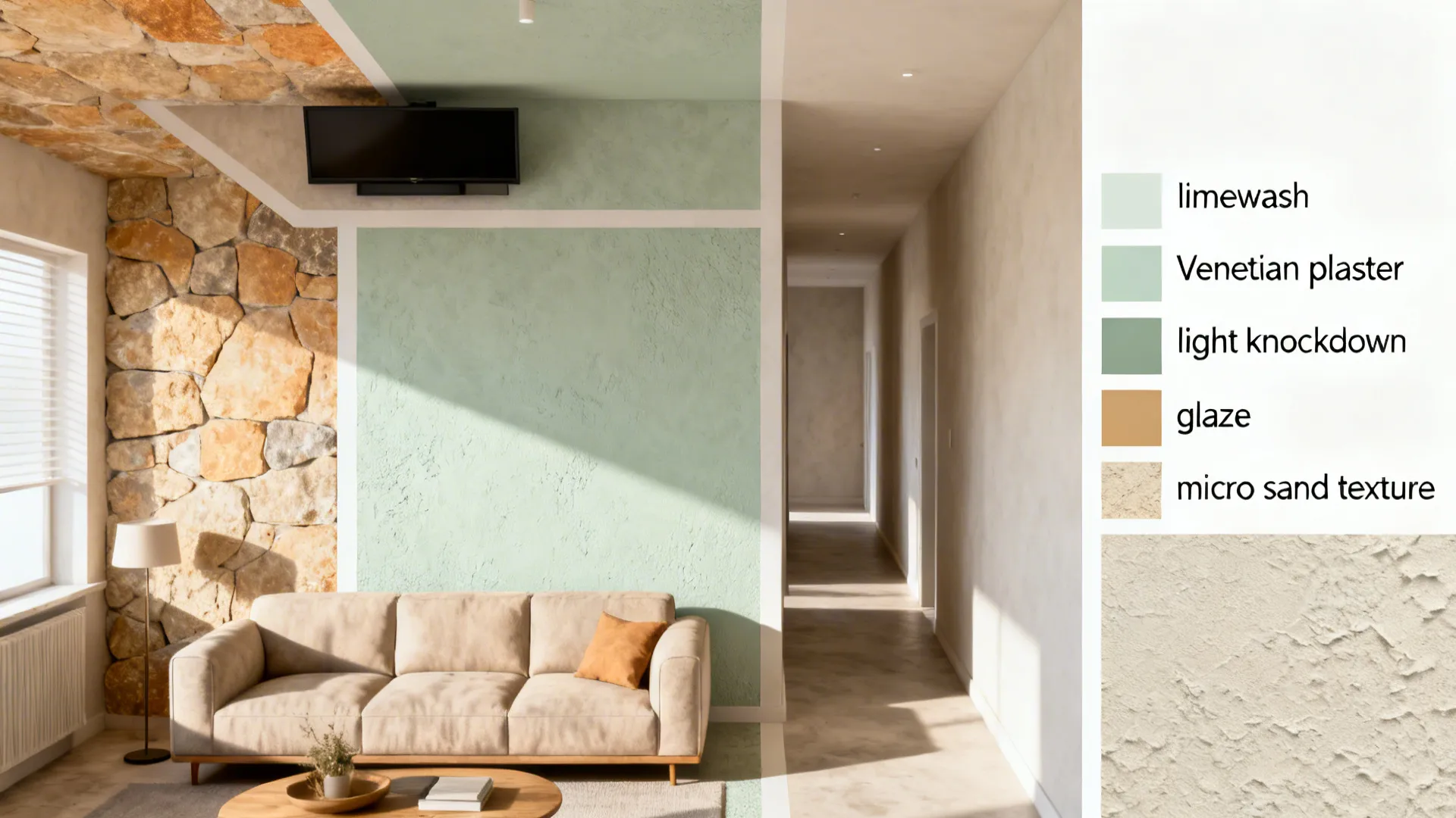 Top-down layout with swatches showing where to place different wall textures.