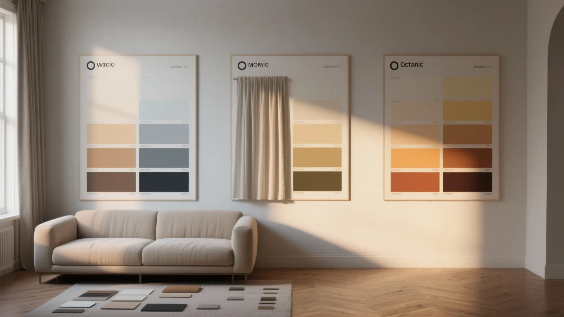 Minimalist living room featuring three large color palette posters on the wall above cream sofa