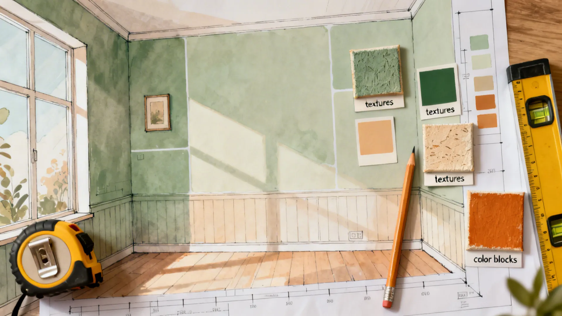 Top-down planning with room sketch, swatches, mini canvases, and tools.