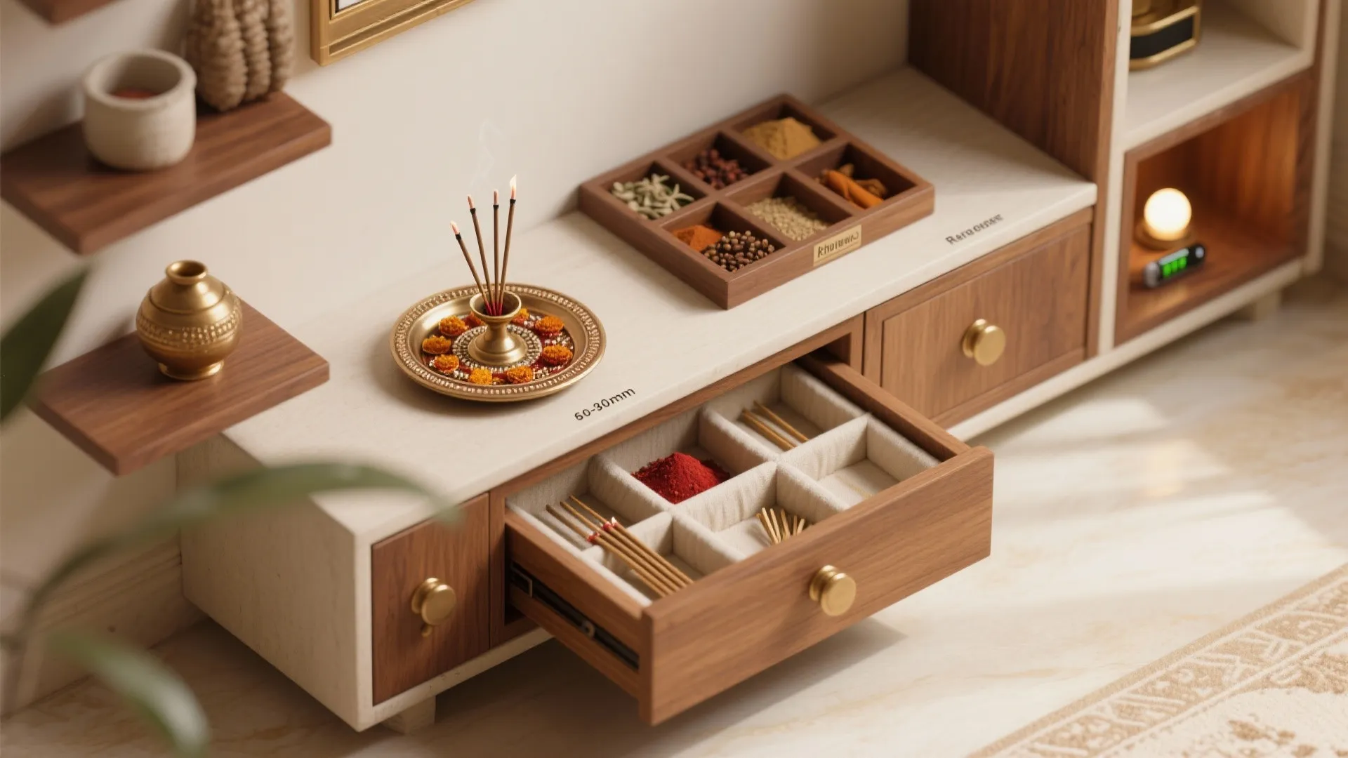 Concealed storage under a compact chowki