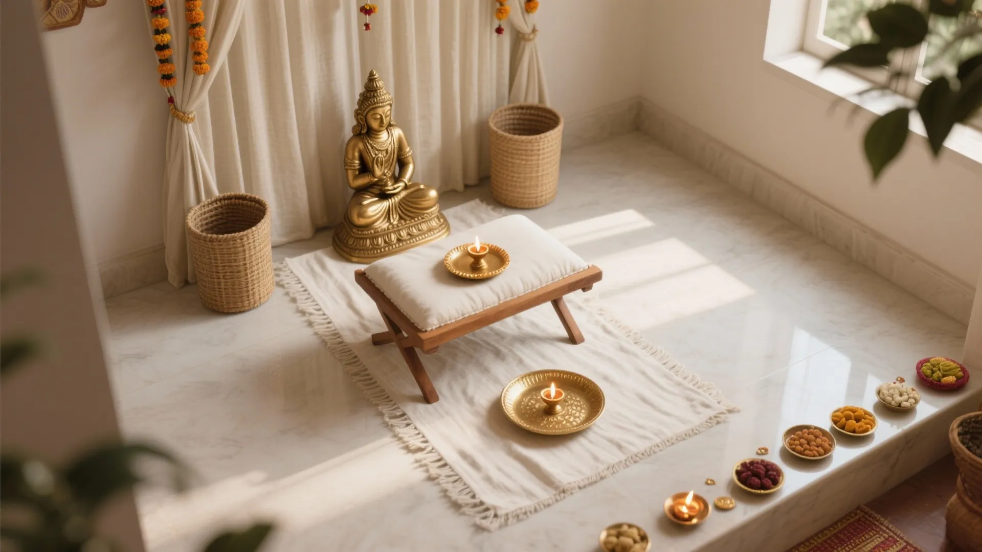 Compact Floor Layout with Foldable Chowki and Hidden Storage