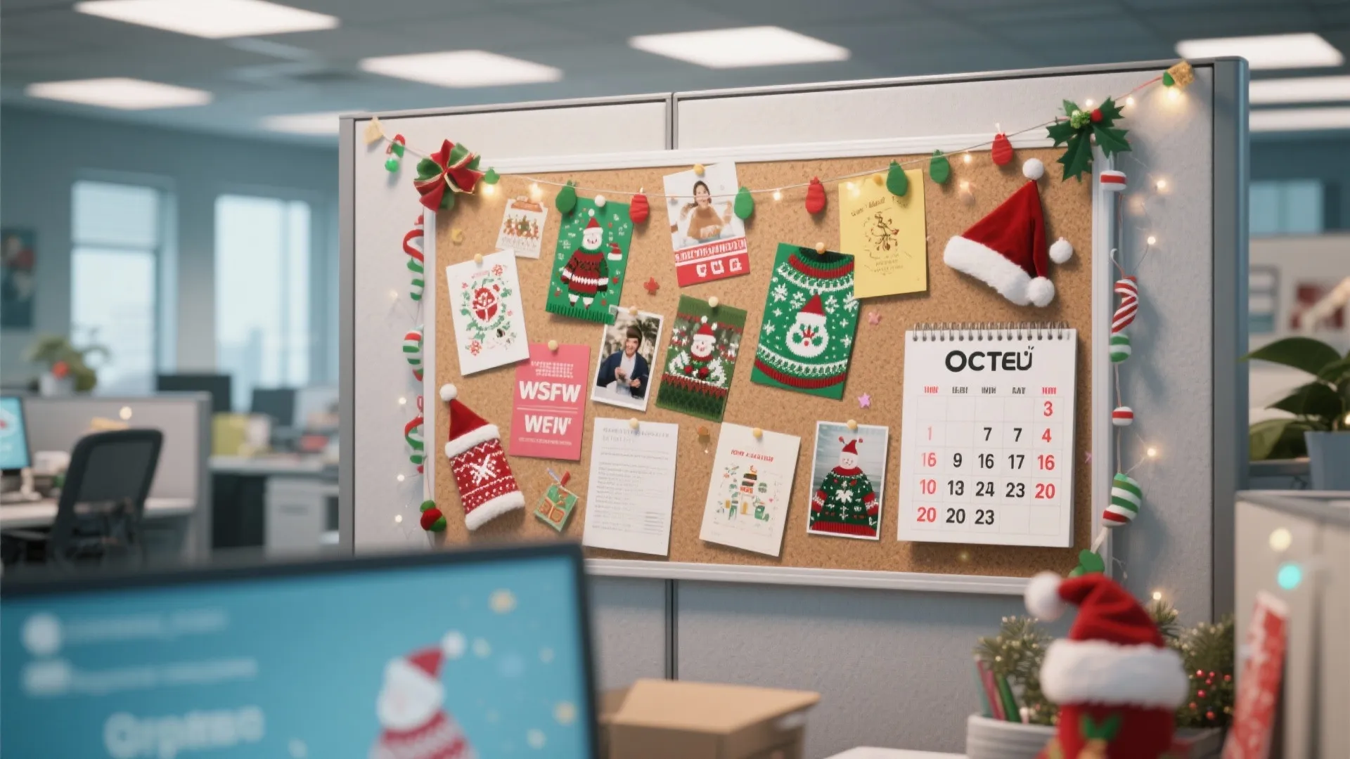 Office cork board decorated with Christmas cards and a calendar with string lights and greenery