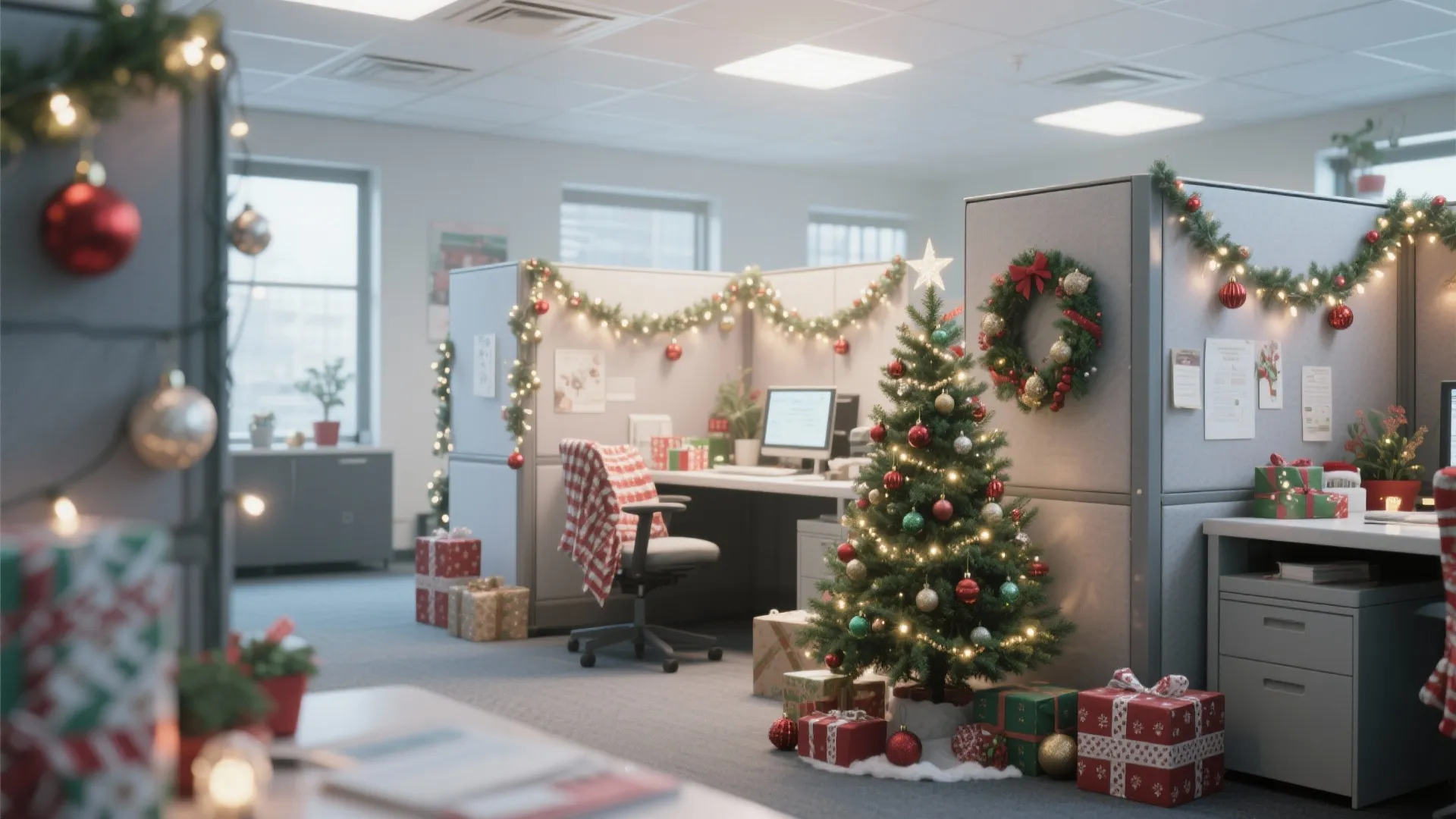 Modern office cubicle decorated with a Christmas tree plus gift boxes and green leaf garlands