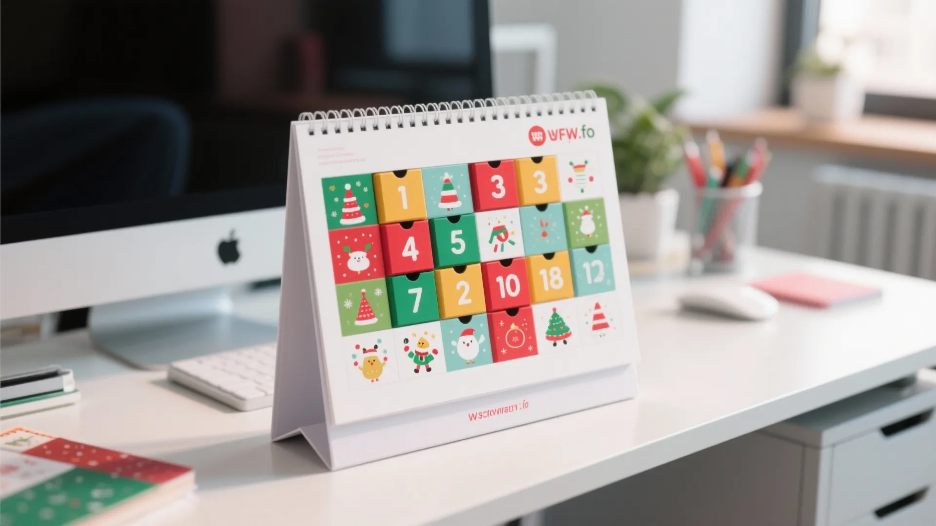Colorful advent calendar with numbered boxes sits on a white desk next to a computer