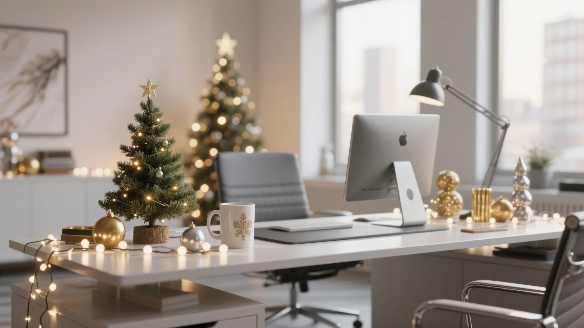 Modern office desk with computer, small Christmas tree, festive ornaments, coffee mug, and warm lights