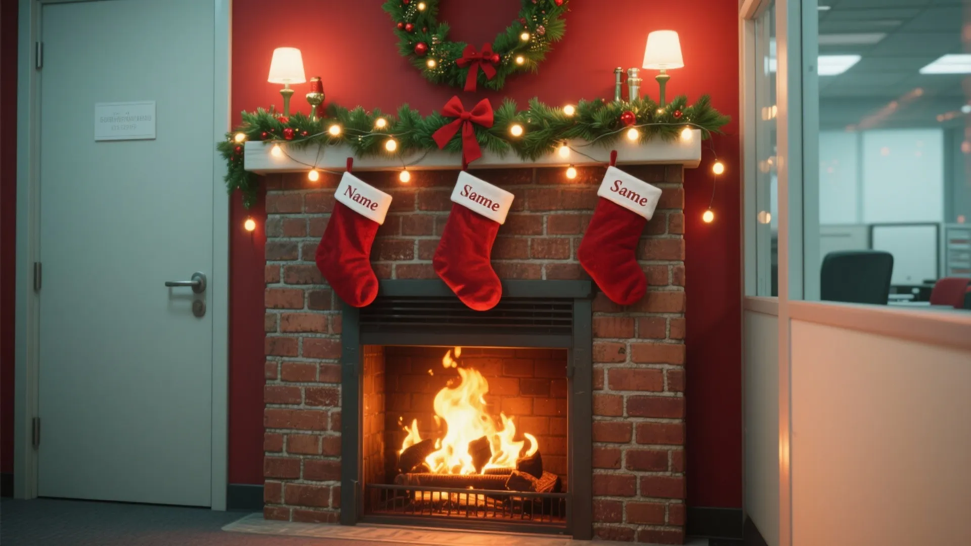 Office brick fireplace decorated with three red stockings green garland small lights and a wreath
