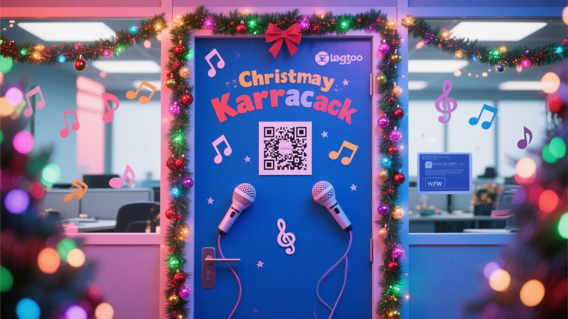 Blue office door decorated with Christmas lights music notes two microphones and a red bow