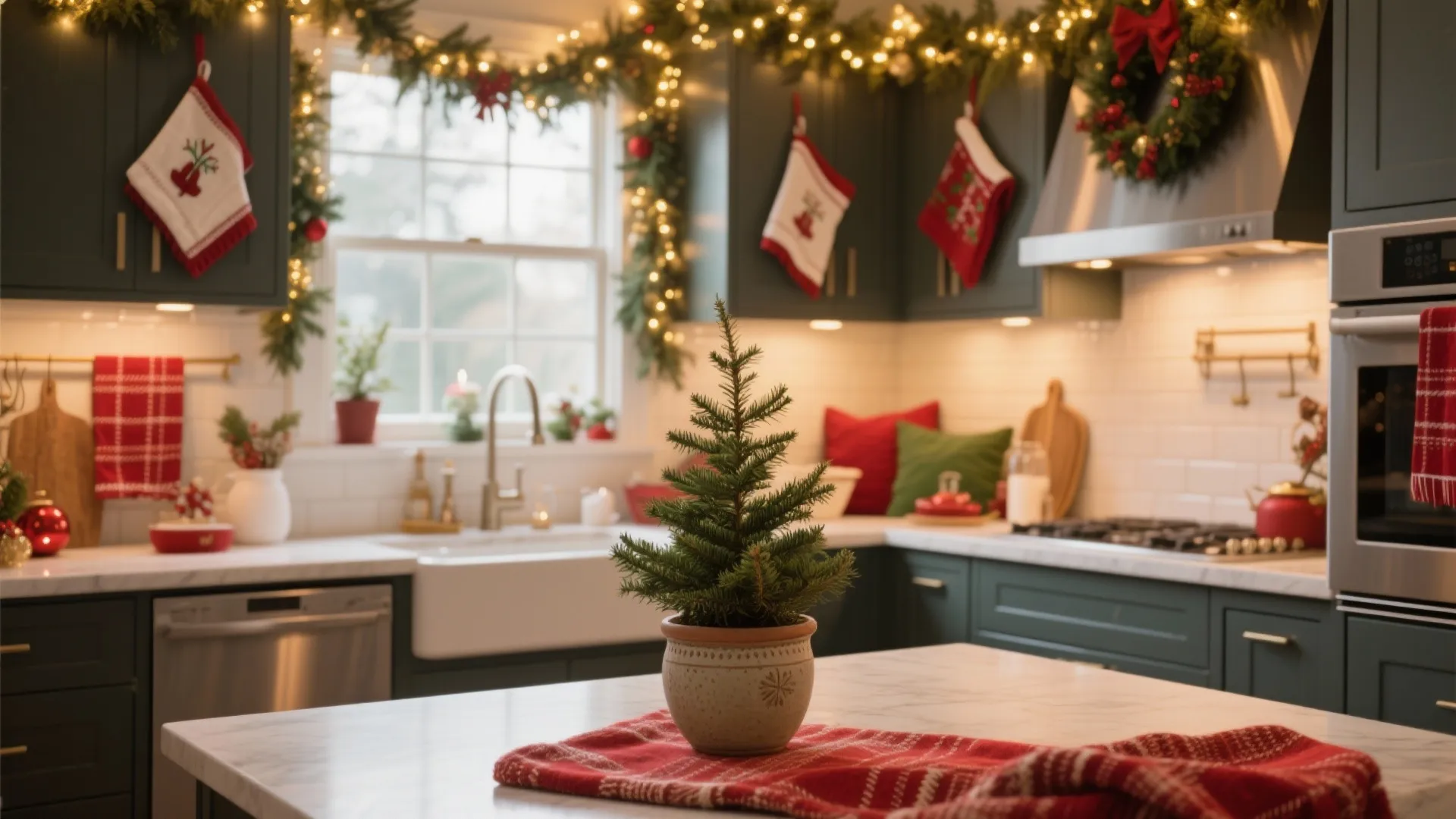 Festive kitchen with green cabinets decorated with holiday lights wreaths stockings and a small potted tree