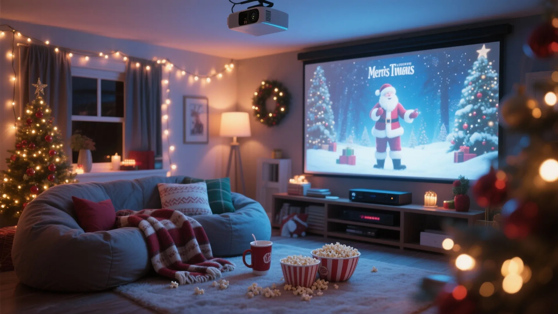 Cozy living room with a large movie screen showing Santa Claus and bowls of movie popcorn