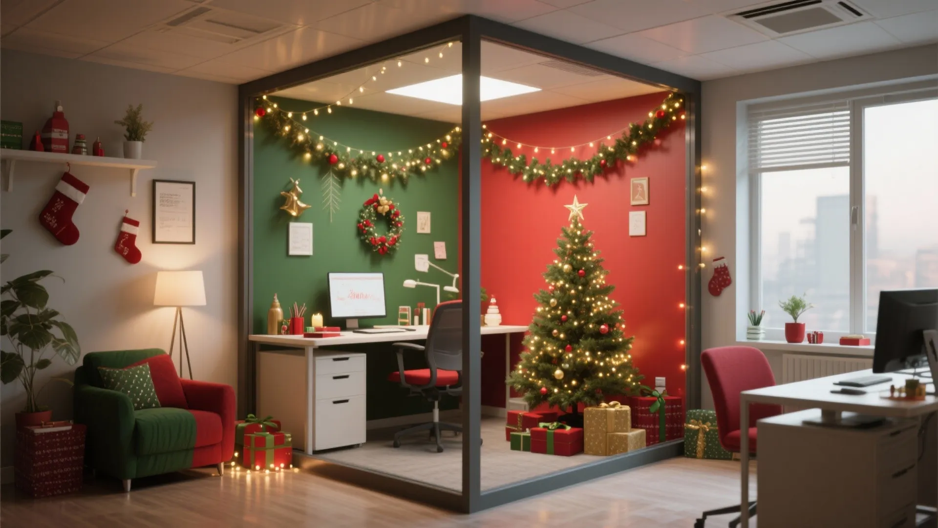 Modern office cubicle decorated for Christmas with a small tree colorful gifts and festive lights