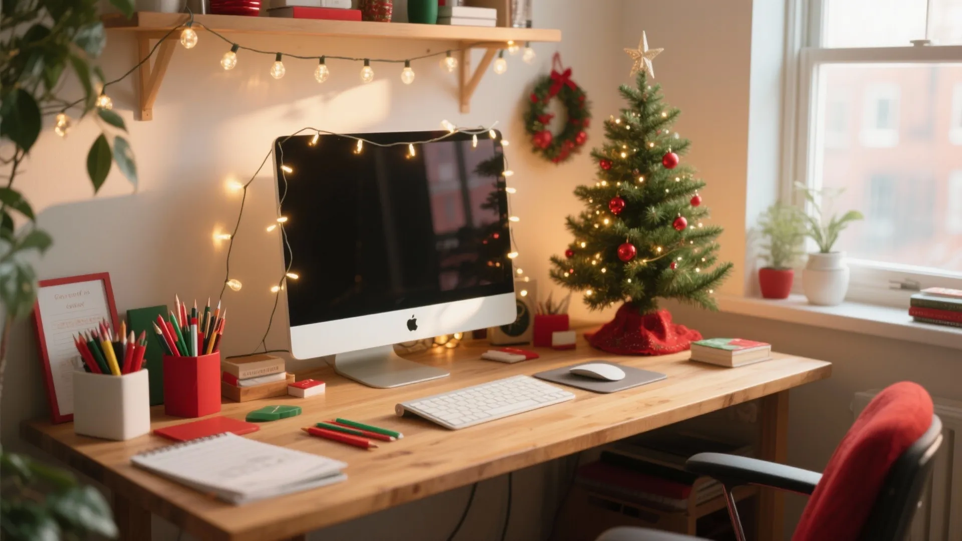 Wooden office desk with computer monitor and small Christmas tree under shelf with string lights