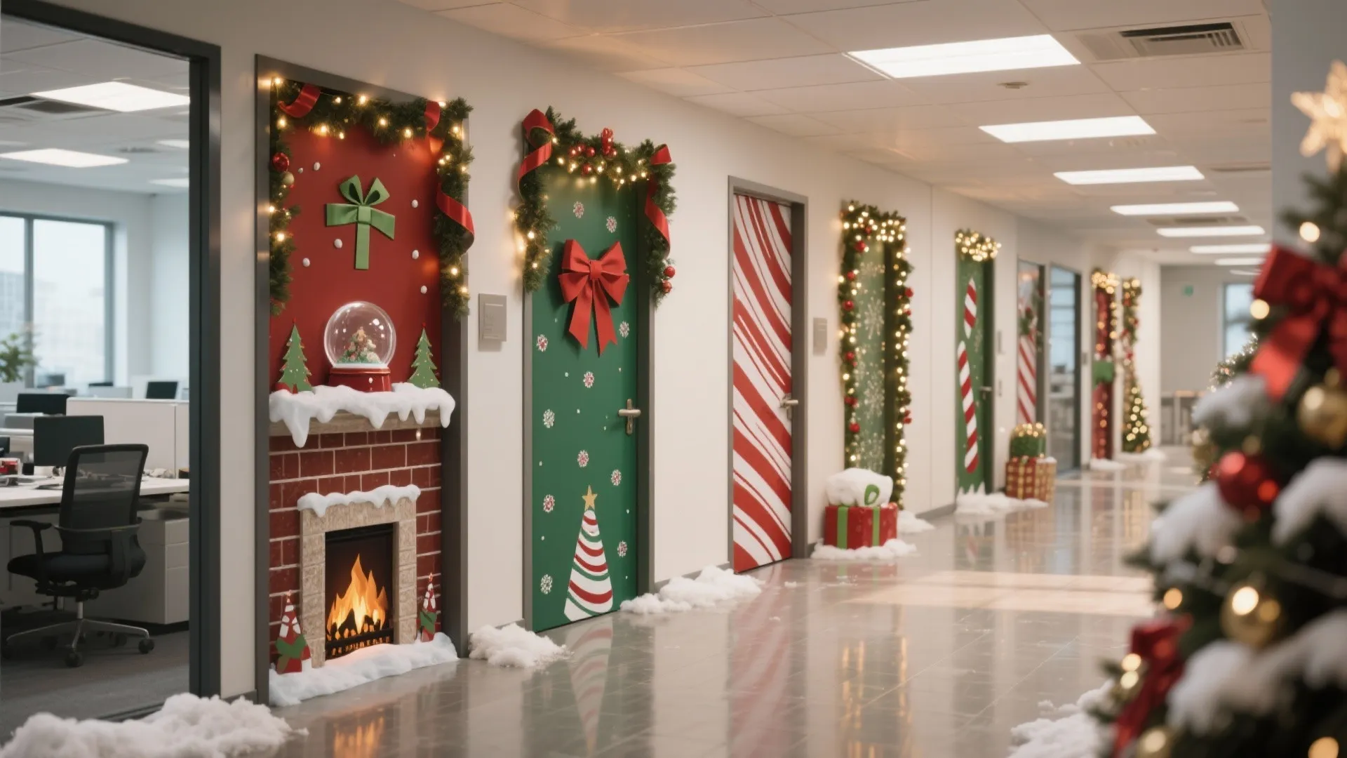 Office hallway with several doors decorated for Christmas with festive colors ribbons and artificial snow