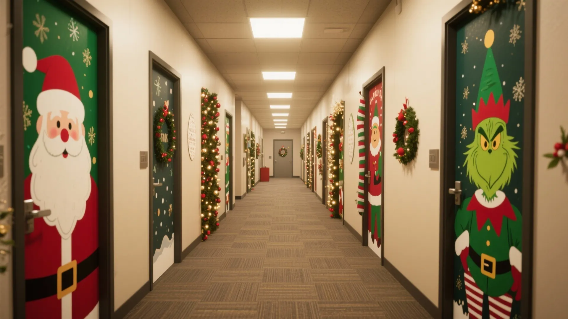 Long office hallway with many doors decorated with Santa, Grinch, green wreaths, and Christmas garlands