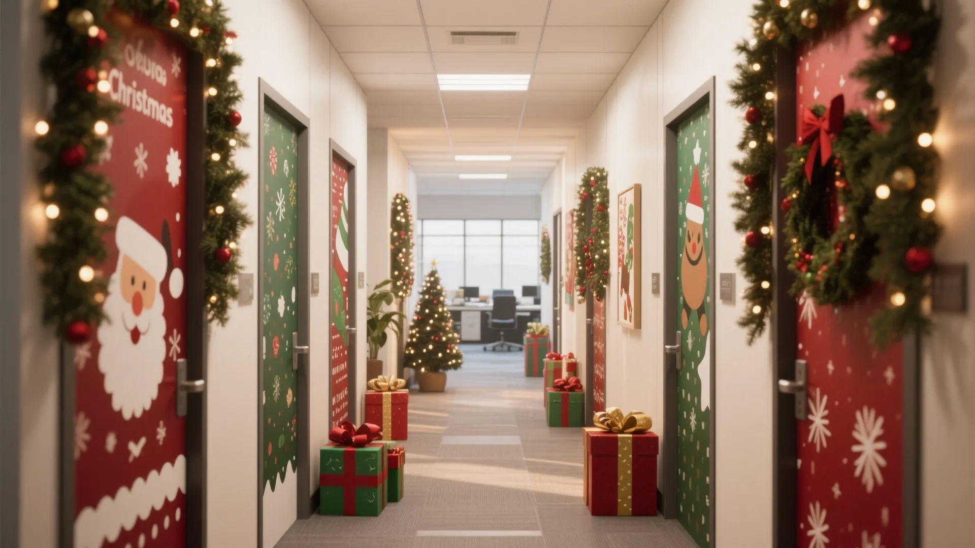 Office hallway featuring multiple doors decorated with Christmas wreaths and colorful gift boxes on carpet