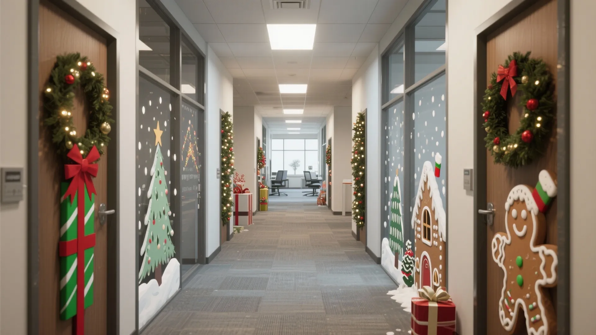 Office hallway with wooden doors decorated with wreaths and gingerbread man stickers for the holiday season