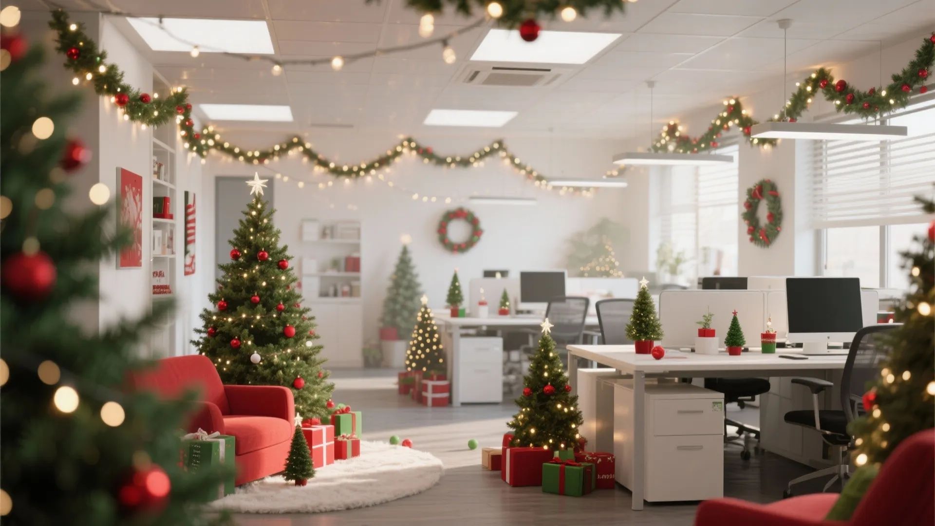 Office interior decorated for christmas with small trees red chairs gift boxes and green wall garlands
