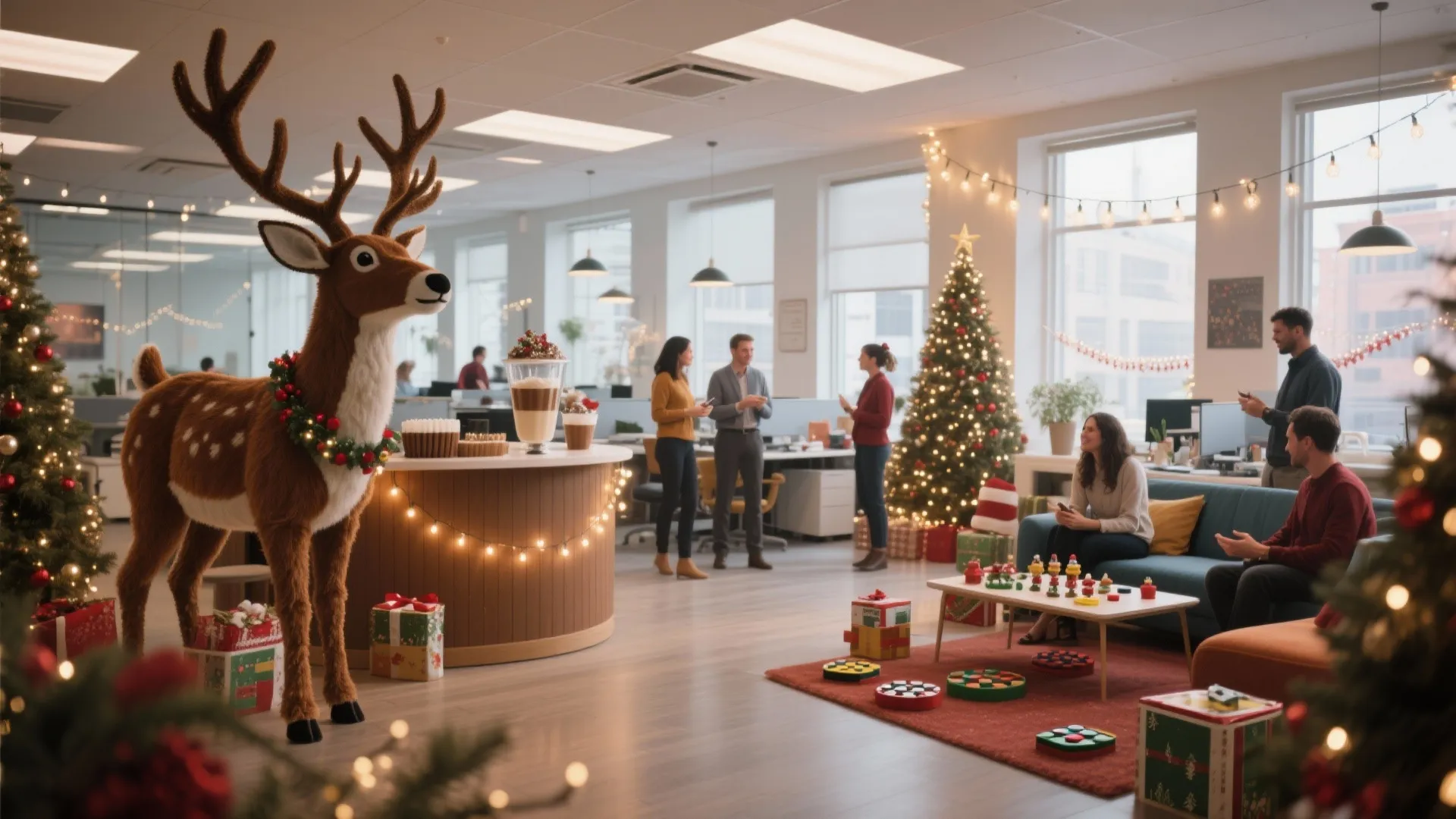 Large reindeer statue in a decorated office with people talking near a sofa and tree