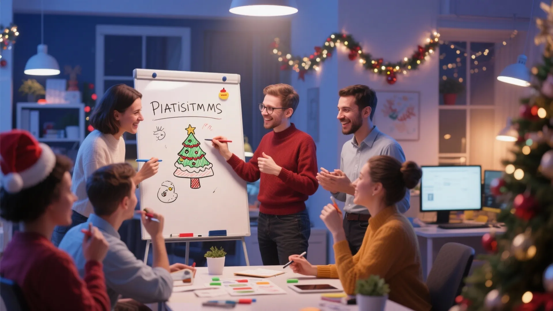 Group of colleagues playing a drawing game on a whiteboard in a decorated festive office