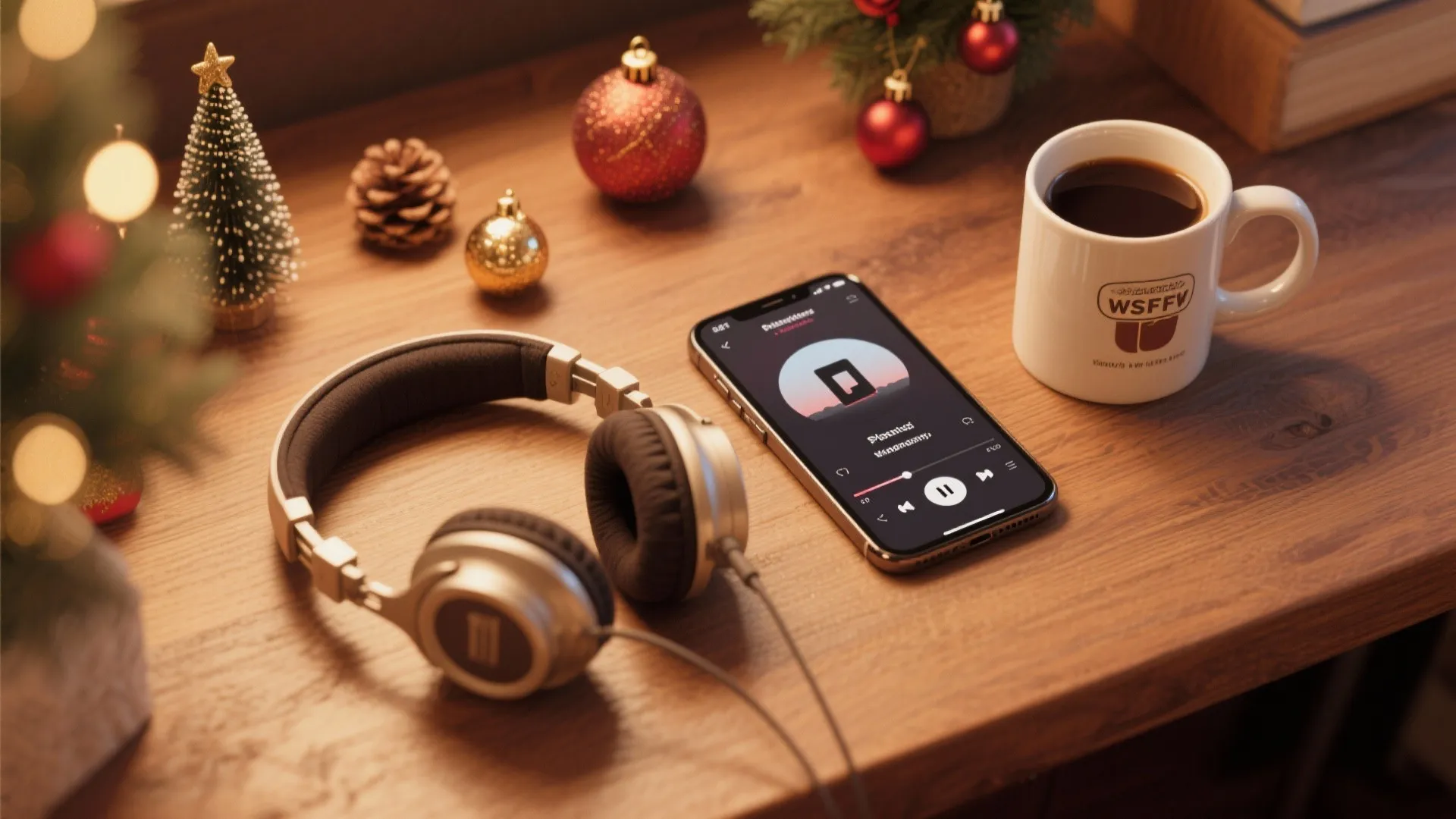 Smartphone playing music next to headphones and coffee cup on wooden table with holiday decorations