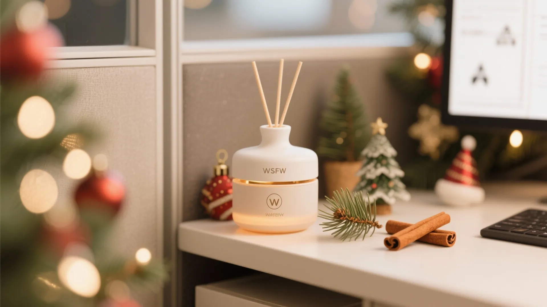 White scent diffuser on an office desk with cinnamon sticks and small festive holiday decorations nearby