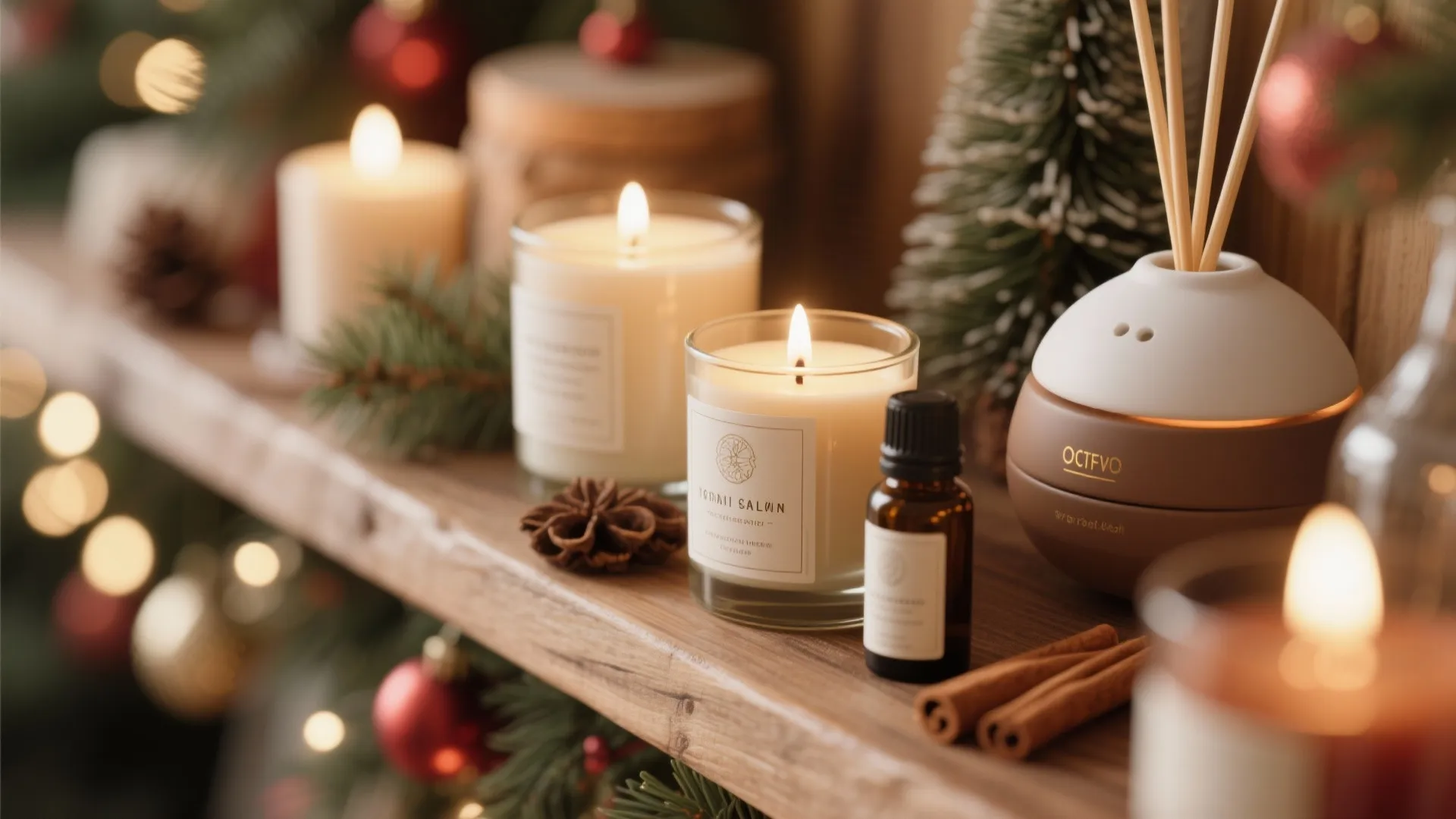 Soy candles and diffuser with cedarwood and cinnamon scents