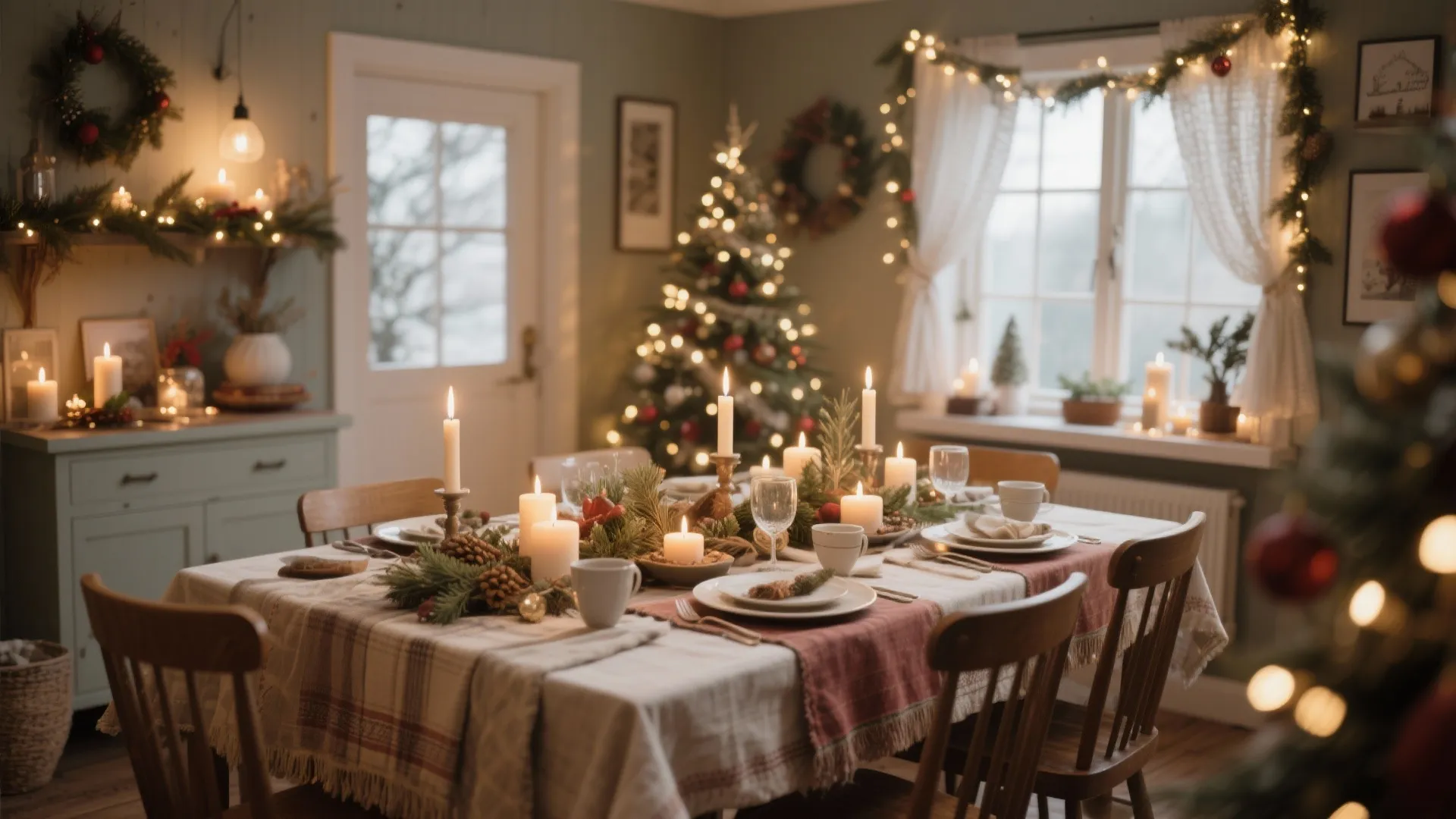 Festive dining room with lit candles on table and a decorated tree in the cozy background