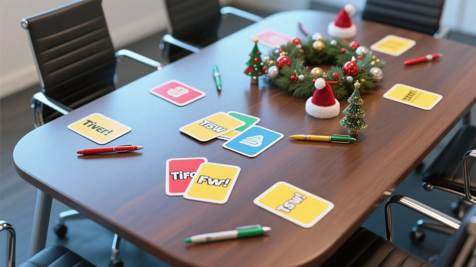 Office meeting table decorated with Christmas wreath small trees and colorful cards for office games