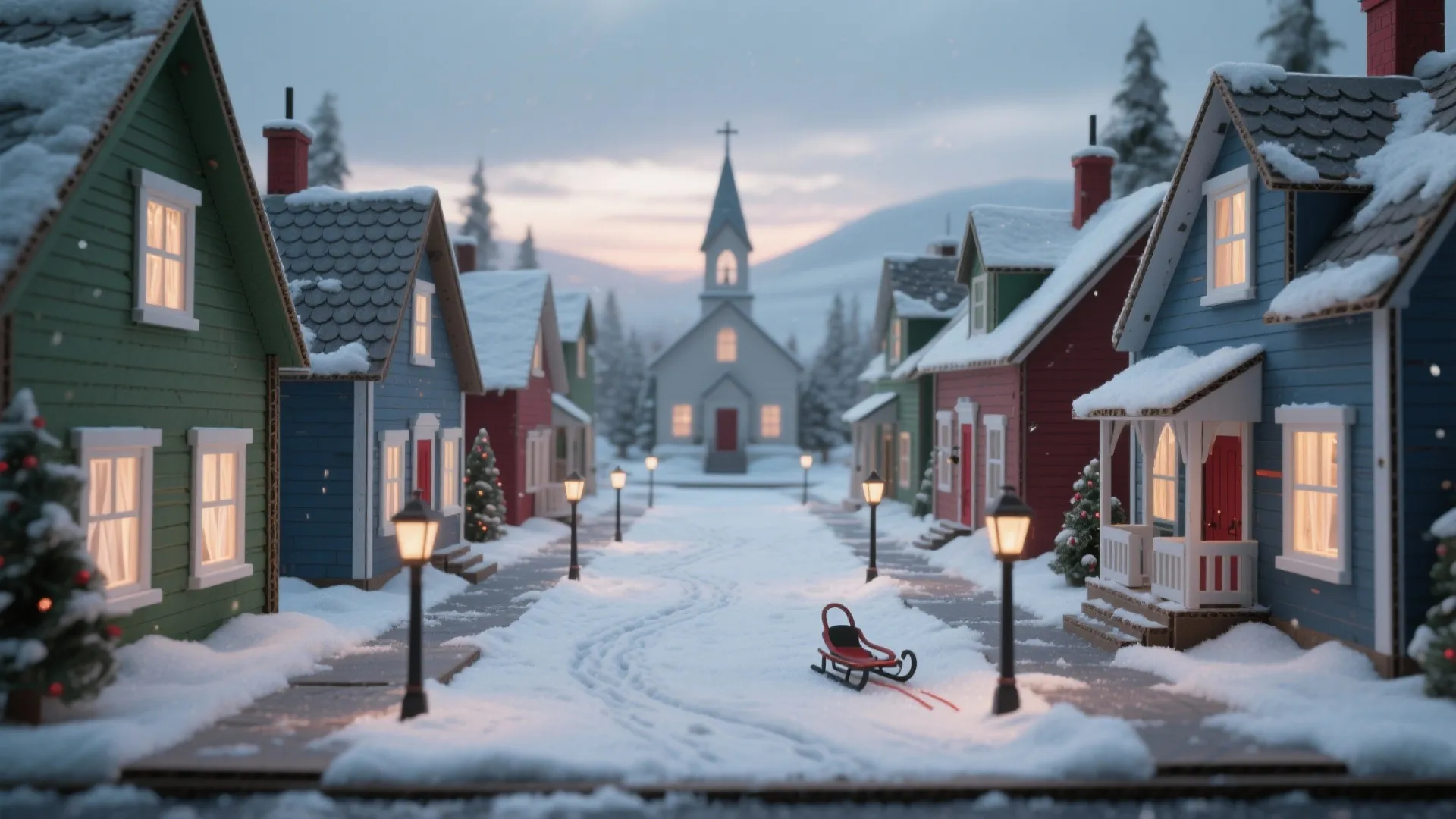 Small colorful houses along a snowy path with a red sled and a white church