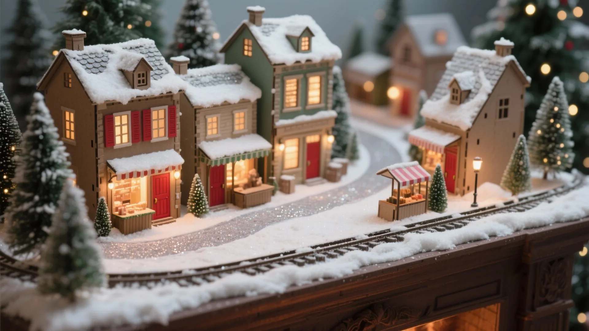 Miniature christmas village scene with tiny snow covered houses pine trees and model train tracks