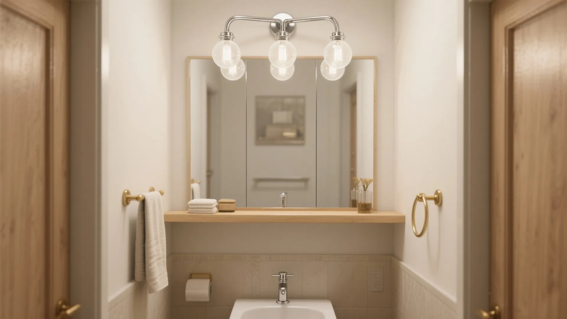 Small bathroom layout with mirror light fixture wooden shelf towel ring and white ceramic sink