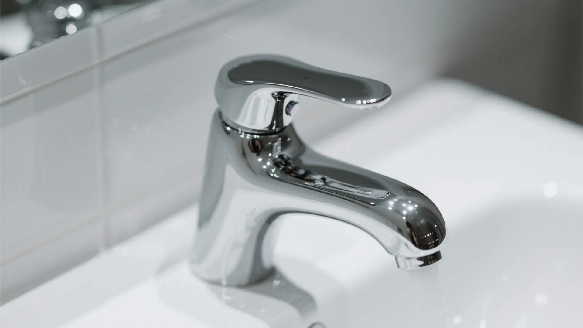 Modern chrome silver faucet running water into a clean white bathroom sink in bright light