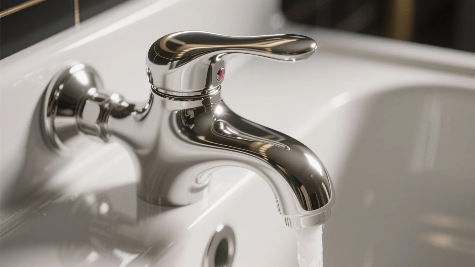 Polished silver metal sink faucet with running water on a white ceramic sink in bathroom