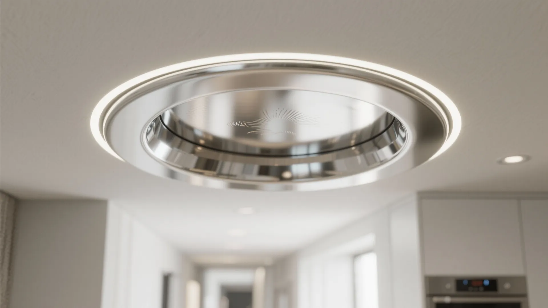 Close up of a round chrome ceiling light fixture installed in a white modern ceiling